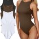OQQ Women’s 3 Piece Bodysuits Sexy Ribbed One Piece Sleeveless Halter Neck Bodysuits