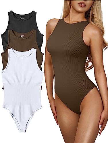 OQQ Women’s 3 Piece Bodysuits Sexy Ribbed One Piece Sleeveless Halter Neck Bodysuits