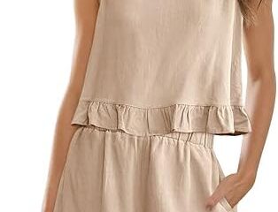 AUTOMET Womens 2 Piece Outfits Summer Sets Sleeveless High Neck Ruffle Crop Tops and High Waisted Shorts with Pockets