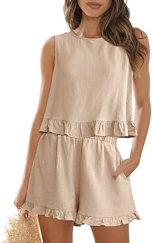 AUTOMET Womens 2 Piece Outfits Summer Sets Sleeveless High Neck Ruffle Crop Tops and High Waisted Shorts with Pockets