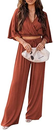 PRETTYGARDEN 2 Piece Outfits For Women 2024 Summer Short Sleeve Wrap V Neck Crop Tops Wide Leg Pants Set