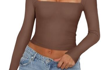 REORIA Women’s Sexy Square Neck Long Sleeve Y2K Going Out T Shirt Crop Top