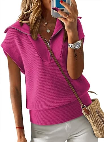Dokotoo Women’s Casual Sleeveless Half Zip Pullover Sweaters Solid V Neck Collar Ribbed Knitted Loose Sweaters