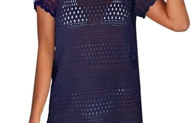 ANRABESS Women Swimsuit Crochet Swim Cover Up Summer Bathing Suit Swimwear Knit Short Sleeve Pullover Beach Dress