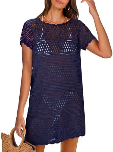 ANRABESS Women Swimsuit Crochet Swim Cover Up Summer Bathing Suit Swimwear Knit Short Sleeve Pullover Beach Dress