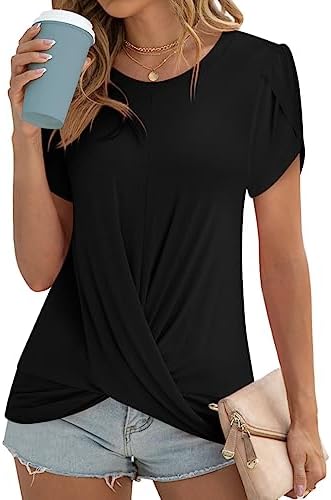 Womens 2024 Summer Casual Tunic Tops Twist Front Blouse Short Sleeve Fitting Tshirt