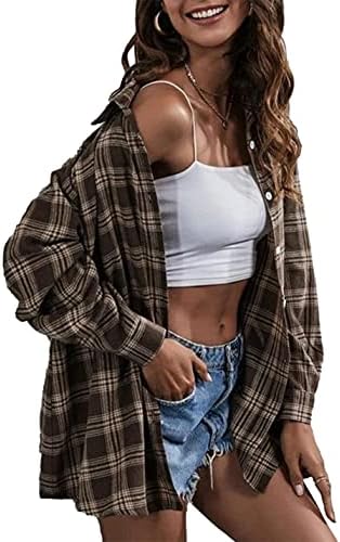 Zontroldy Plaid Flannel Shirts for Women Oversized Long Sleeve Button Down Buffalo Plaid Shirt Blouse Tops