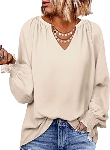 Dokotoo Womens Blouses Fashion 2024 Smocked Long Sleeve V Neck Casual Chiffon Shirts Tops