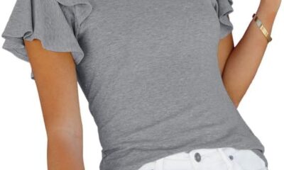 SHEWIN Womens Summer Tops Crewneck Ruffle Short Sleeve T Shirts Casual Slim Fit