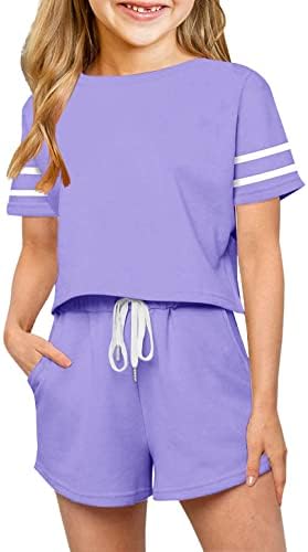 Haloumoning Girls Summer Crop Tops and Shorts Set Cute Color Block Two Piece Outfits Casual Sweat Tracksuit with Side Pockets