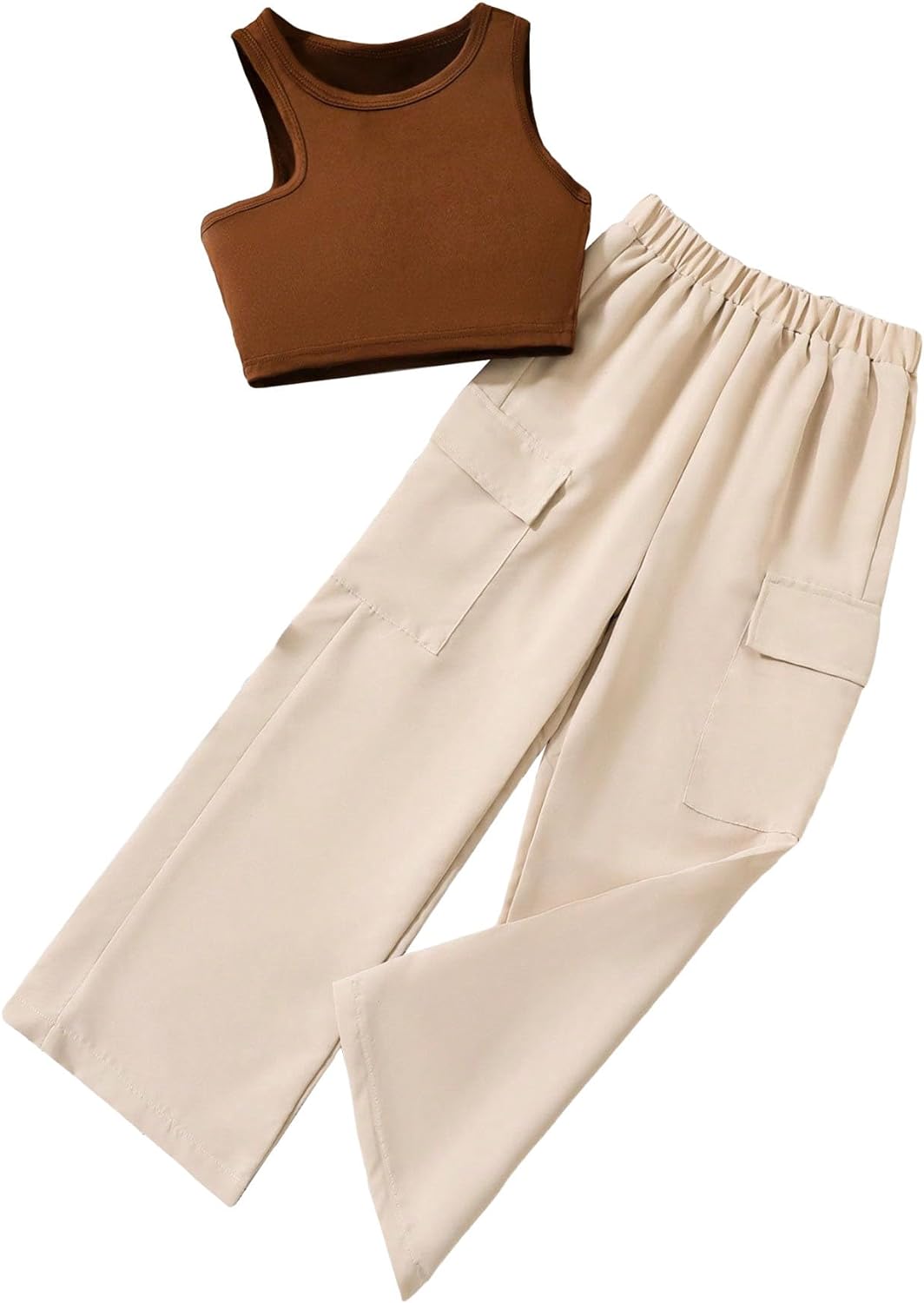 Floerns Girl’s Solid Rib Knit Tank Top with Flap Pocket Pants Two Piece Outfit