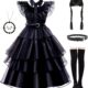 Mcgeeney Black Dress Up Costume – Dress Up Clothes for Little Girls with Wig, Necklace, Belt & Socks – Ideal for Halloween