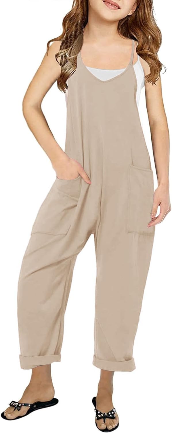 Girl’s V Neck Sleeveless Jumpsuits Spaghetti Straps Harem Long Pants Rompers With Pockets