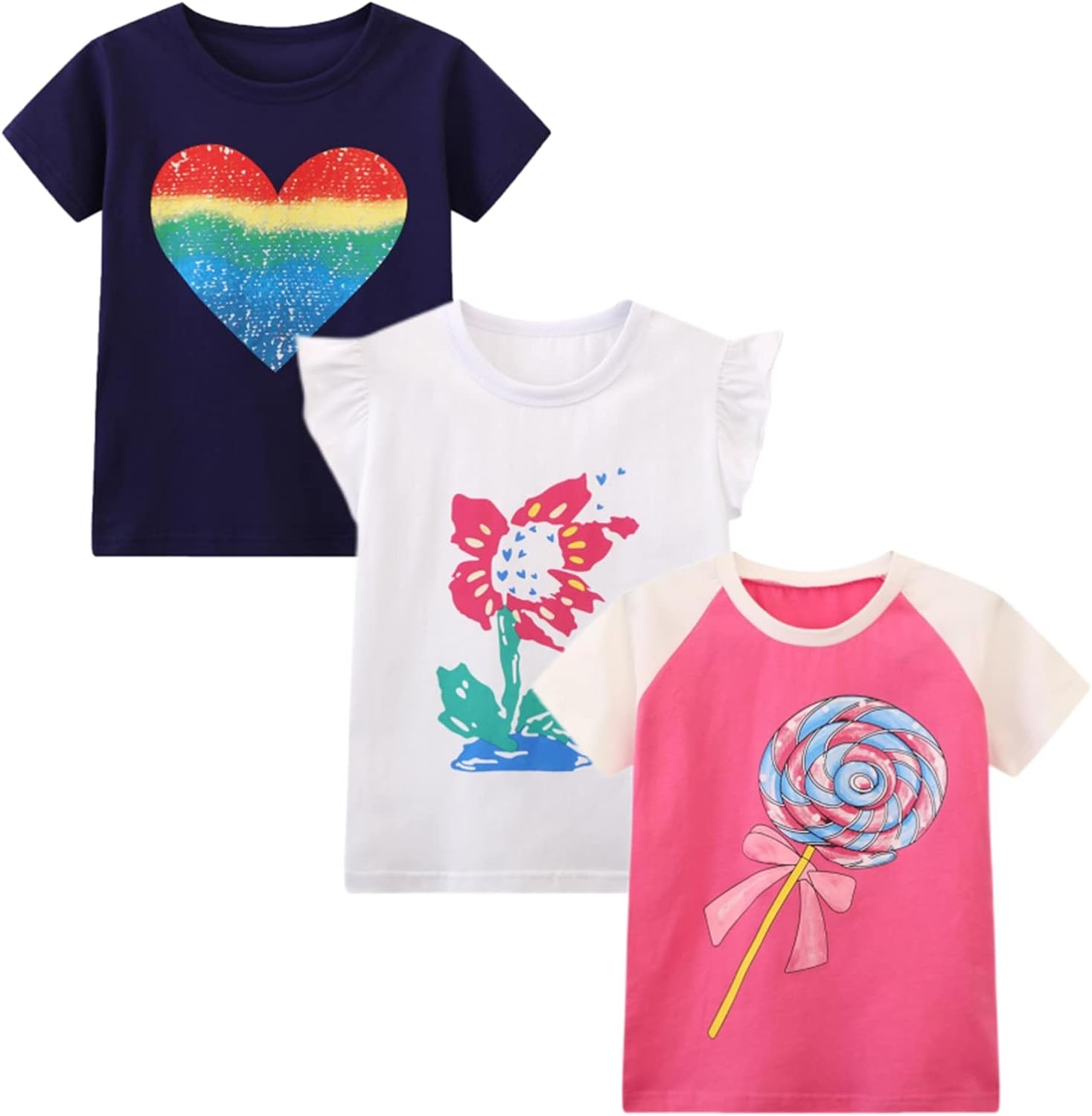 HILEELANG Girls’ Tees Ruffle Short Sleeve T-Shirt Cotton Casual Graphic Summer Crewneck Tunic Tops