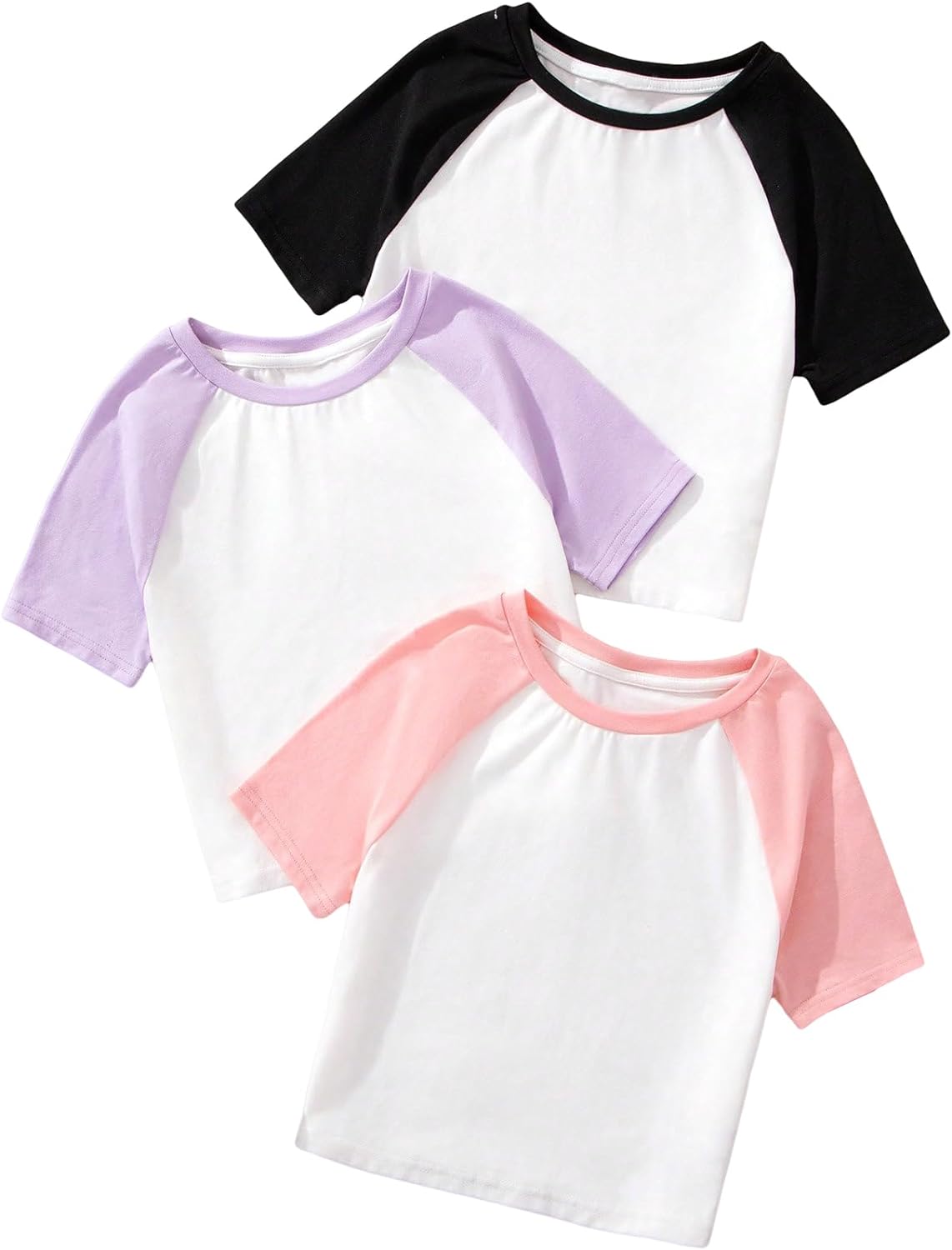 OYOANGLE Girl’s 3 Pack Color Block Short Sleeve Crew Neck T-Shirts Set Summer Crop Tee Tops