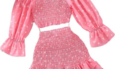 OYOANGLE Girl’s 2 Piece Outfits Heart Print Long Puff Sleeve Cold Shoulder Crop Top and Ruffle Layered Hem Skirt Set