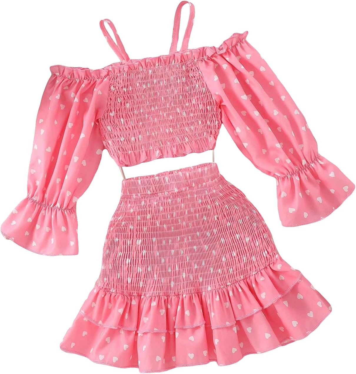 OYOANGLE Girl’s 2 Piece Outfits Heart Print Long Puff Sleeve Cold Shoulder Crop Top and Ruffle Layered Hem Skirt Set