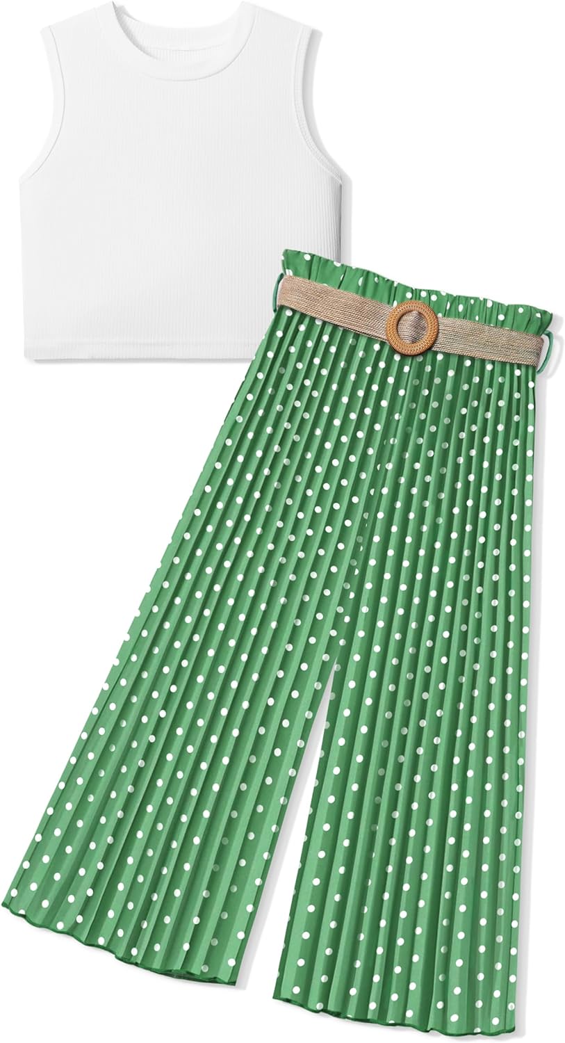 BAVADER Girls Clothes 7-14Y Kids Clothes Girls Rib Crop Tank Tops + Pleated Wide Leg Pants Girls 2 Piece Summer Outfits