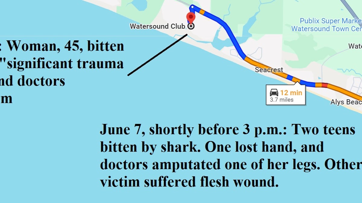 map of june 7 shark attacks Three people were bitten by sharks in a 90-minute span about four miles apart along Walton County, Florida, beaches on June 7.