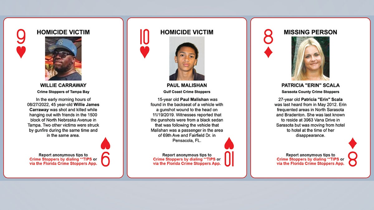 Three playing cards with homicide victims and a missing person featured on them.