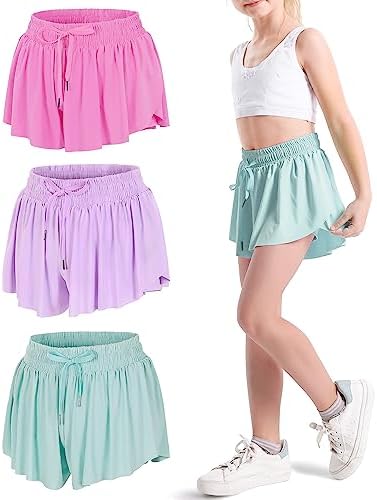 KEREDA Girls Flowy Shorts,Butterfly Shorts for Teen Girls with Spandex Liner 2-in-1 for Running,Gym,Athletic,Workout1/2/3Pack