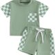 Sejardin Toddler Baby Boy Summer Clothes Plaid Patchwork Short Sleeve T Shirt Tops and Stretch Shorts Infant Boy Outfit