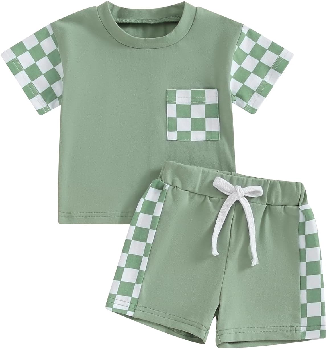 Sejardin Toddler Baby Boy Summer Clothes Plaid Patchwork Short Sleeve T Shirt Tops and Stretch Shorts Infant Boy Outfit