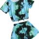 Girls Summer Tie-Dye Outfits Elastic Drawstring T-Shirt Crop Top and Elastic Waist Shorts Set with Side Pockets
