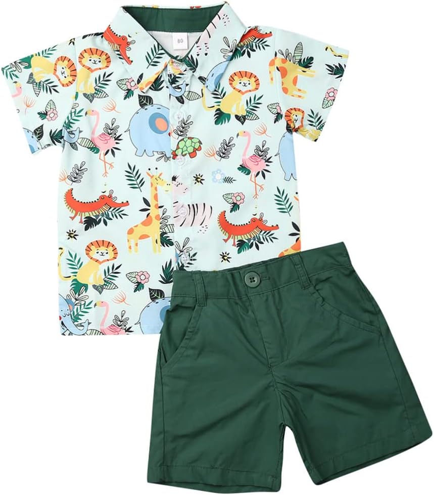 fhutpw Baby Toddler Boy Outfits 2T 3T 4T 5T Clothes Summer Kids Pattern Short Sleeve Button Down Shirt & Shorts Set