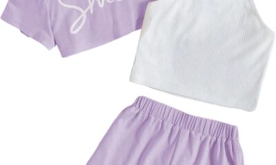 OYOANGLE Girl’s 3 Pieces Summer Outfits Graphic Print Crop Tee Top and Cami Top with Shorts Set