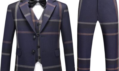 Boys Slim Fit Suit Tuxedo for Boy Check Plaid 3 Piece Suit Set for Kid Formal Boys Dress Clothes Wedding Ring Bearer Outfit