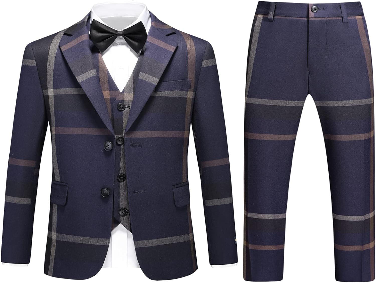 Boys Slim Fit Suit Tuxedo for Boy Check Plaid 3 Piece Suit Set for Kid Formal Boys Dress Clothes Wedding Ring Bearer Outfit