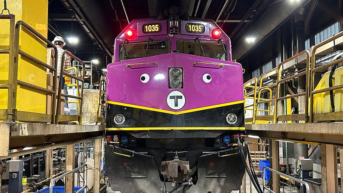 purple train with googly eyes