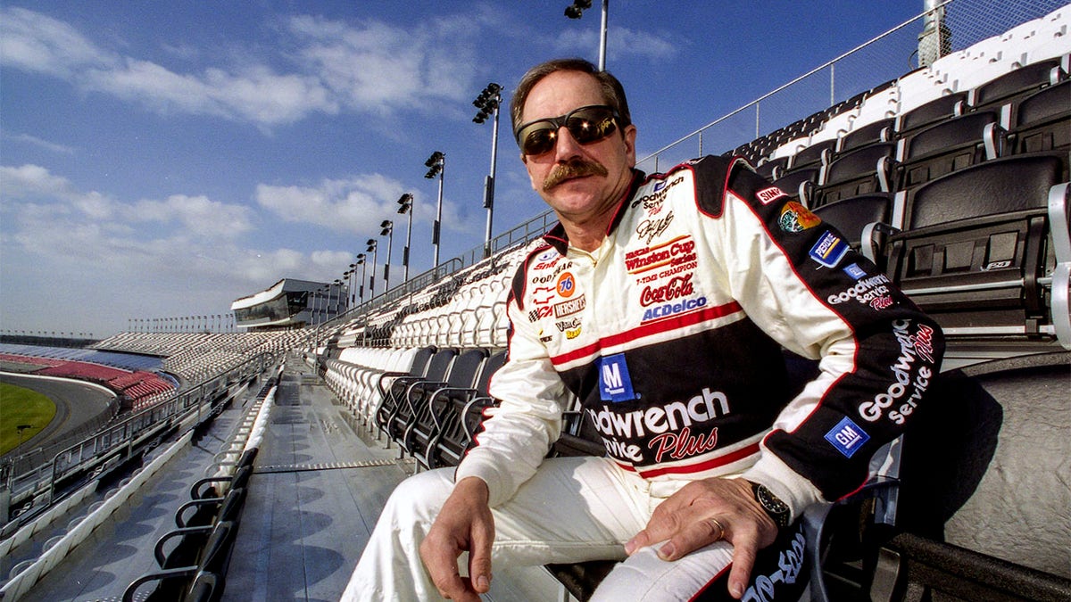 Dale Earnhardt looks on from the Earnhardt Grandstand