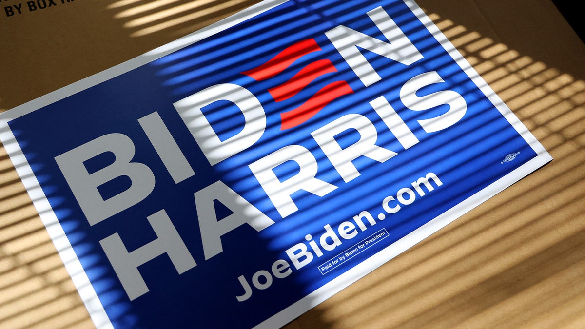 A Biden/Harris campaign sign is seen during a press conference regarding the January 6, 2021 attack on the US Capitol, in Las Vegas, Nevada, on May 29, 2024.