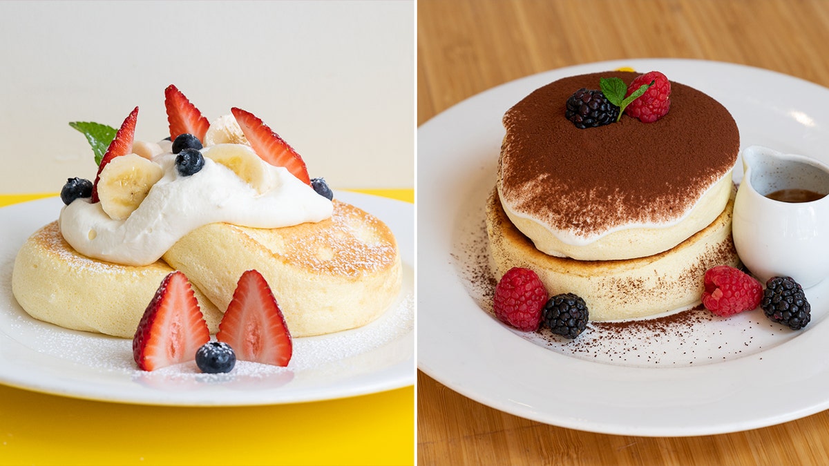 The classic and tiramisu souffle pancake from Fluffy Fluffy are shown here.