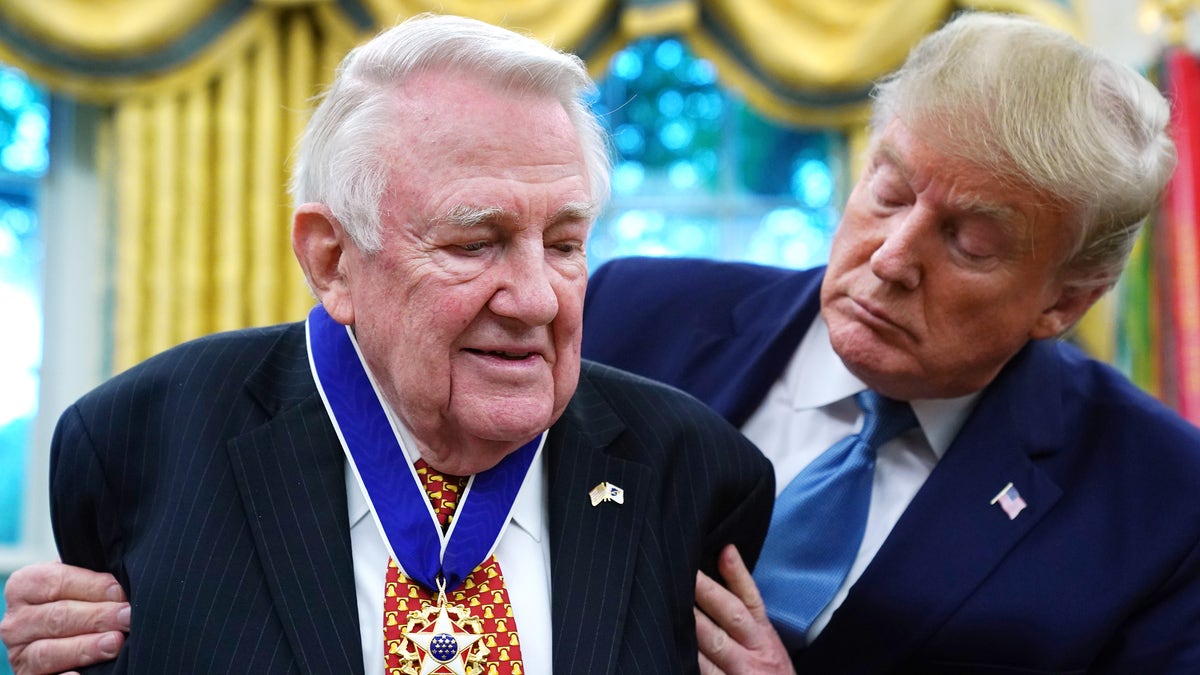 U.S. President Donald Trump awards the National Medal of Freedom to former Attorney General Edwin Meese during a ceremony in the Oval Office at the White House October 08, 2019 in Washington, DC. 