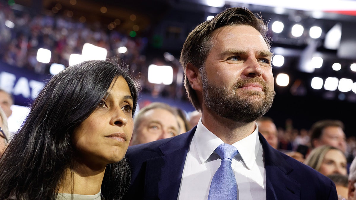 J. D. Vance and his wife Usha Vance arrive the first day of the 2024 Republican National Convention at the Fiserv Forum in Milwaukee, Wisconsin