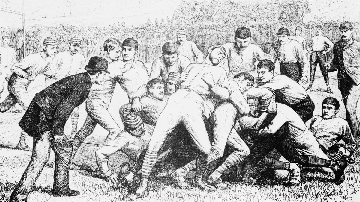 Football match between Yale and Princeton, 1879. Walter Camp was captain of the 1879 Yale football team. Drawing by A.B. Frost.