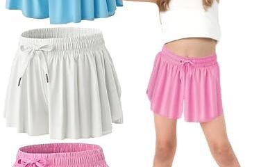 MODERN ASIR 3 Pack Girls Flowy Shorts with Spandex Liner 2-in-1 Youth Butterfly Skirts for Fitness, Running, Sports