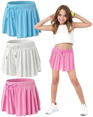 MODERN ASIR 3 Pack Girls Flowy Shorts with Spandex Liner 2-in-1 Youth Butterfly Skirts for Fitness, Running, Sports