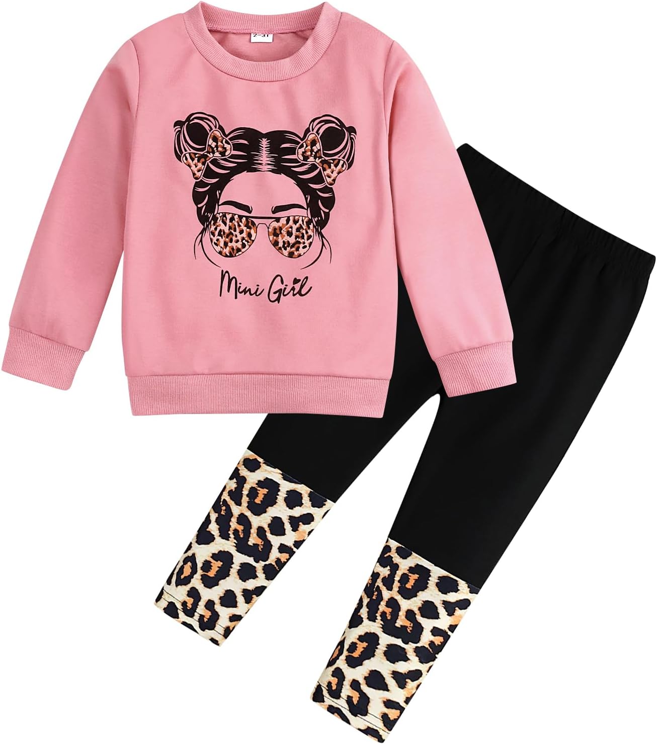Toddler Girl Clothes Figure Graphic Drop Shoulder Top Pullover Leopard Print Pants Fall Winter Outfit Set