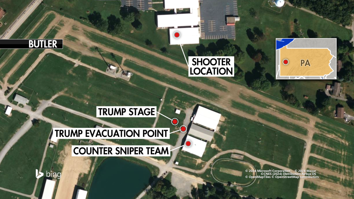 Map shows layout of Trump rally and surrounding area, plus gunman's position