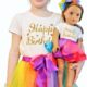 ZITA ELEMENT Birthday Clothes Outfits for Girls Matching Dolls – 1 Cotton Shirts with Sequins Rainbow, 1 Rainbow Tutu Skirts and 1 Bow Hair Clips for 7-9 Years Girls and 18 Inch Girl Dolls