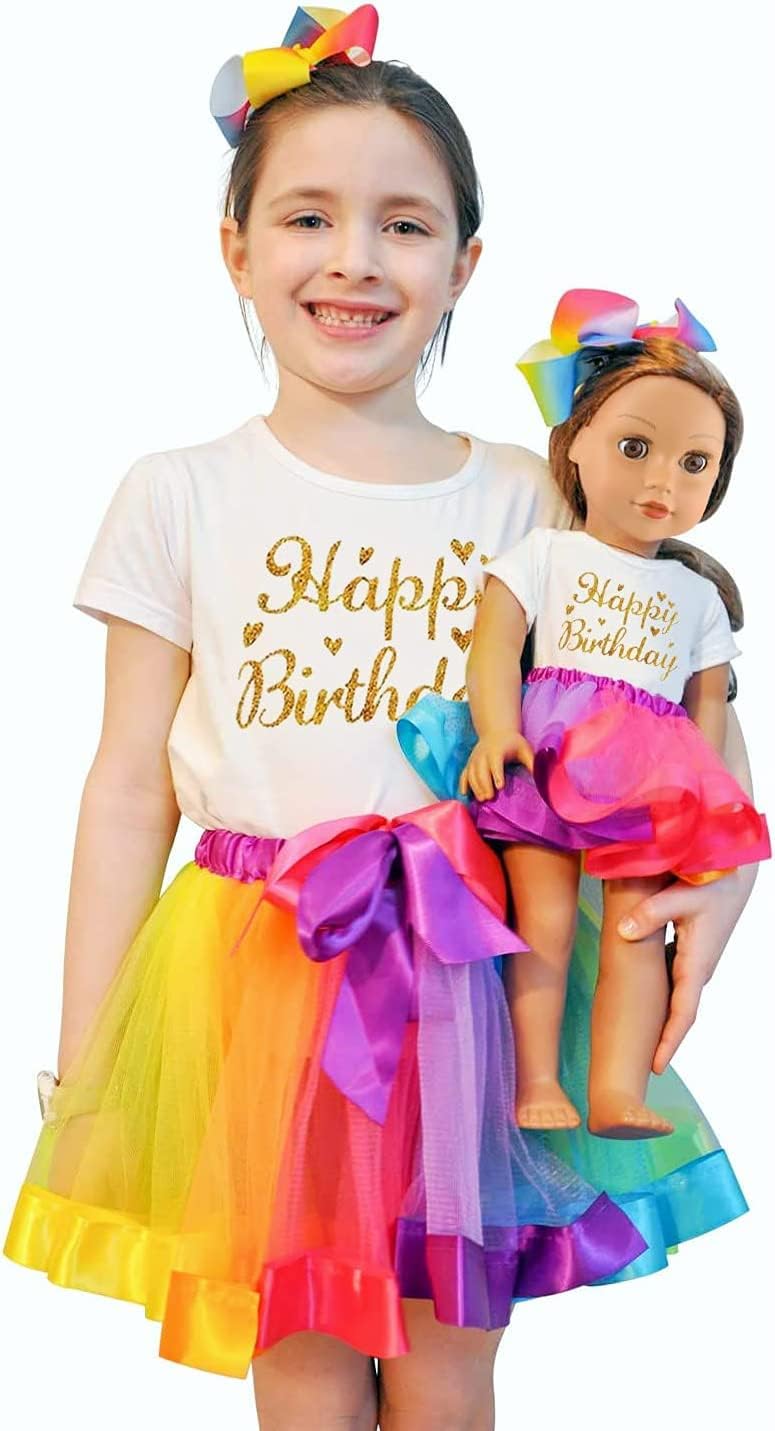 ZITA ELEMENT Birthday Clothes Outfits for Girls Matching Dolls – 1 Cotton Shirts with Sequins Rainbow, 1 Rainbow Tutu Skirts and 1 Bow Hair Clips for 7-9 Years Girls and 18 Inch Girl Dolls