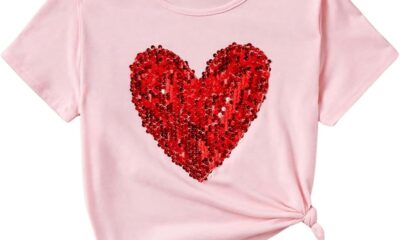 OYOANGLE Girl’s Sequin Sparkle Heart Pattern Short Sleeve Round Neck T Shirt Casual Summer Tees Tops