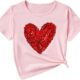 OYOANGLE Girl’s Sequin Sparkle Heart Pattern Short Sleeve Round Neck T Shirt Casual Summer Tees Tops