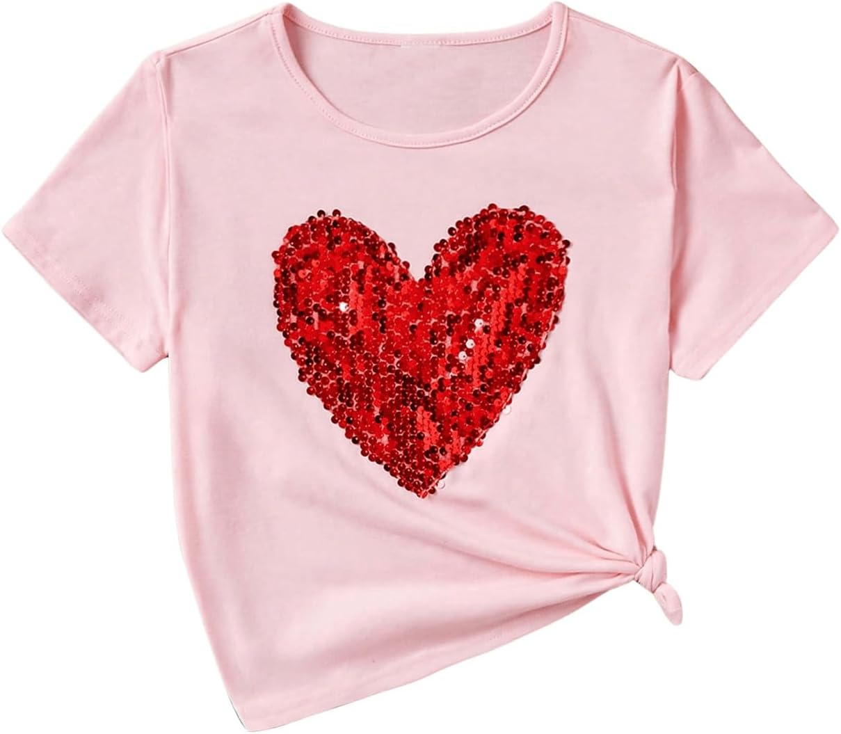 OYOANGLE Girl’s Sequin Sparkle Heart Pattern Short Sleeve Round Neck T Shirt Casual Summer Tees Tops