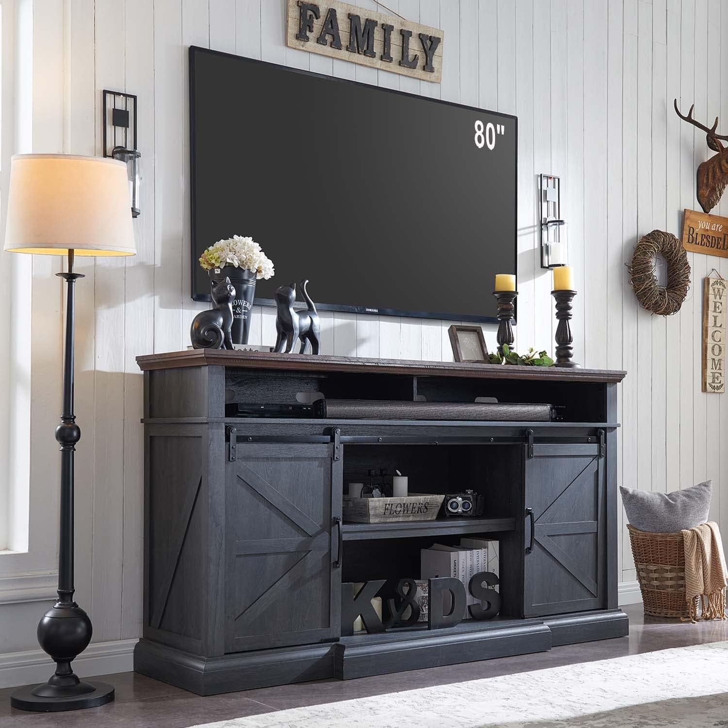 Farmhouse TV Stand for 80 Inch TVs, 39″ Tall Entertainment Center w/Double Sliding Barn Door, Large Media Console Cabinet w/Soundbar & Adjustable Shelves for Living Room, 70inch, Dark Grey