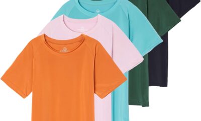 Real Essentials 5 Pack Girls’ Short Sleeve UPF Sun Protective Rashguard Swim Shirt Active Athletic (Ages 4-16)